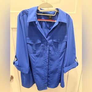 Maggie Barnes Royal Blue Button Down Shirt 0X 14/16W Roll Tab Utility Blouse